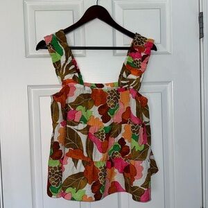 THML Sleeveless Floral Print Ruffle Straps White Brown Orange Top Size Small NWT